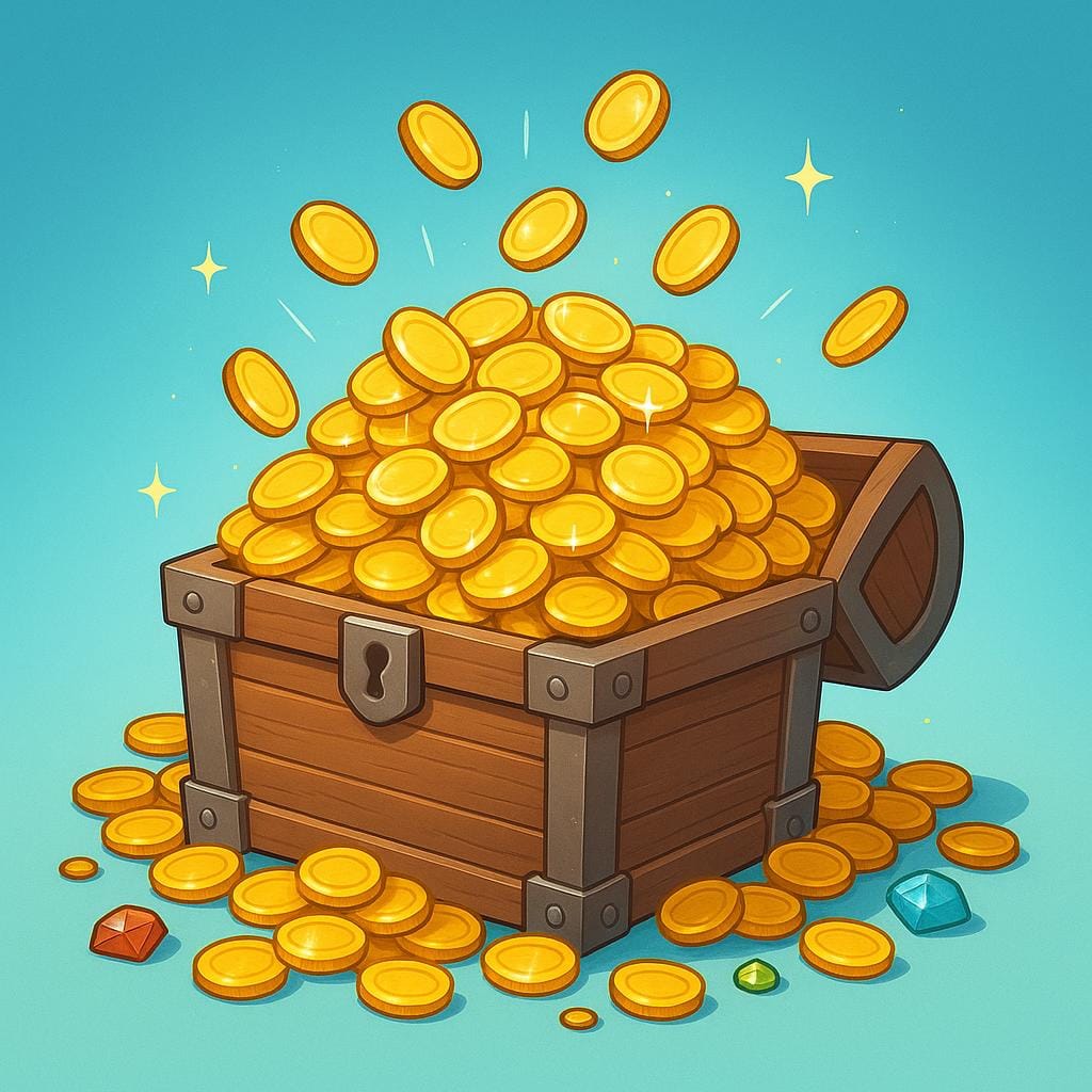 A huge overflowing pile of shining gold coins spilling out of a sturdy wooden treasure chest, representing great wealth.