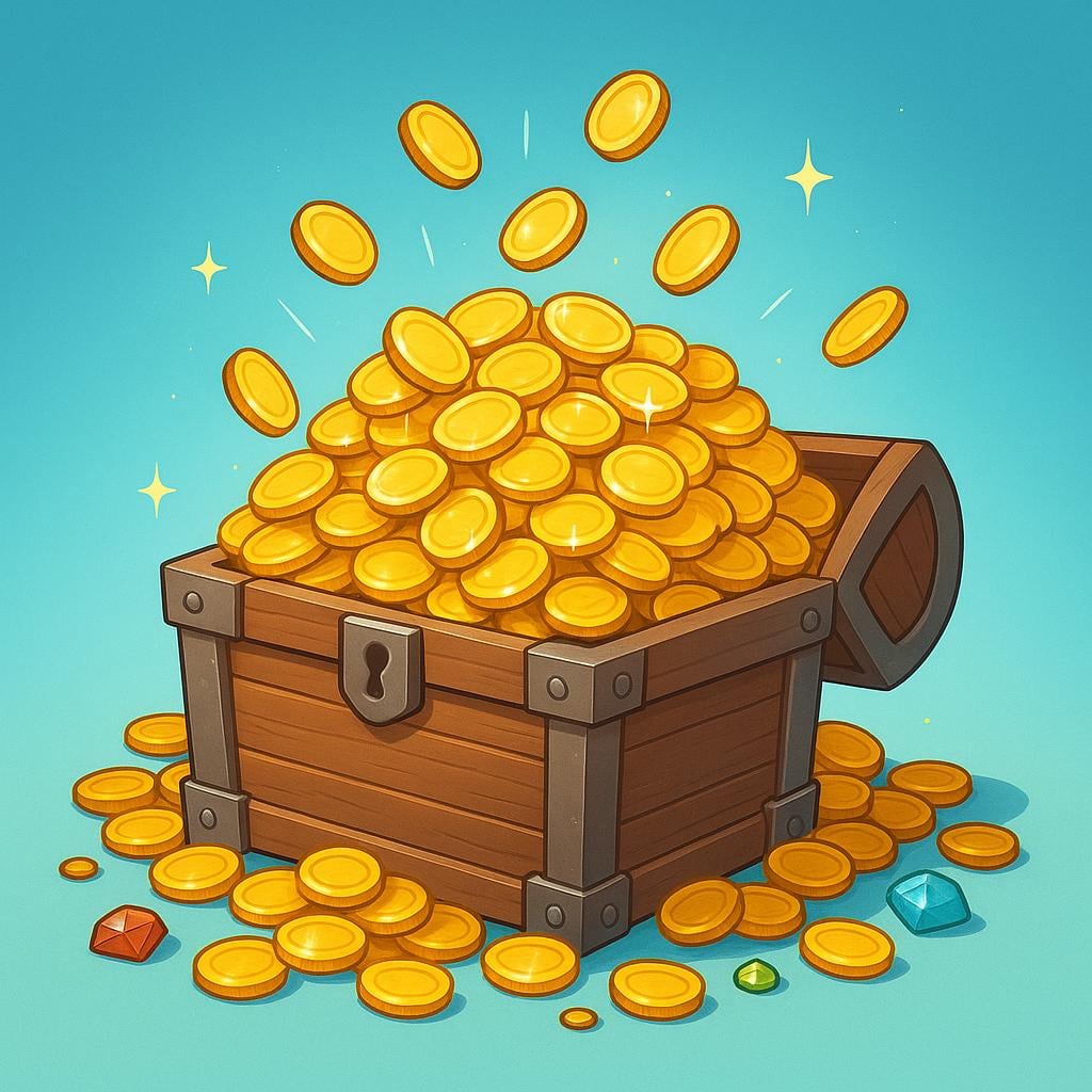 A huge overflowing pile of shining gold coins spilling out of a sturdy wooden treasure chest, representing great wealth.