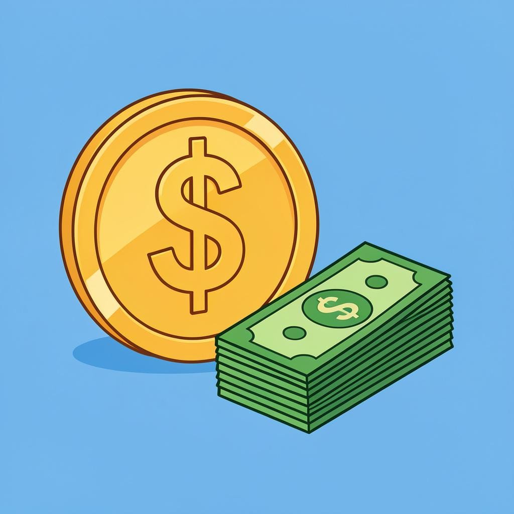 A shiny gold coin and a stack of paper bills resting on a clean, solid background.