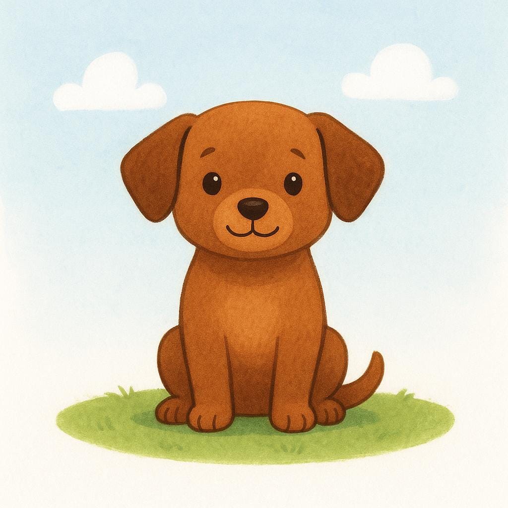 A small, friendly brown dog sitting perfectly still on a green patch of grass, illustrating the concept of staying put.