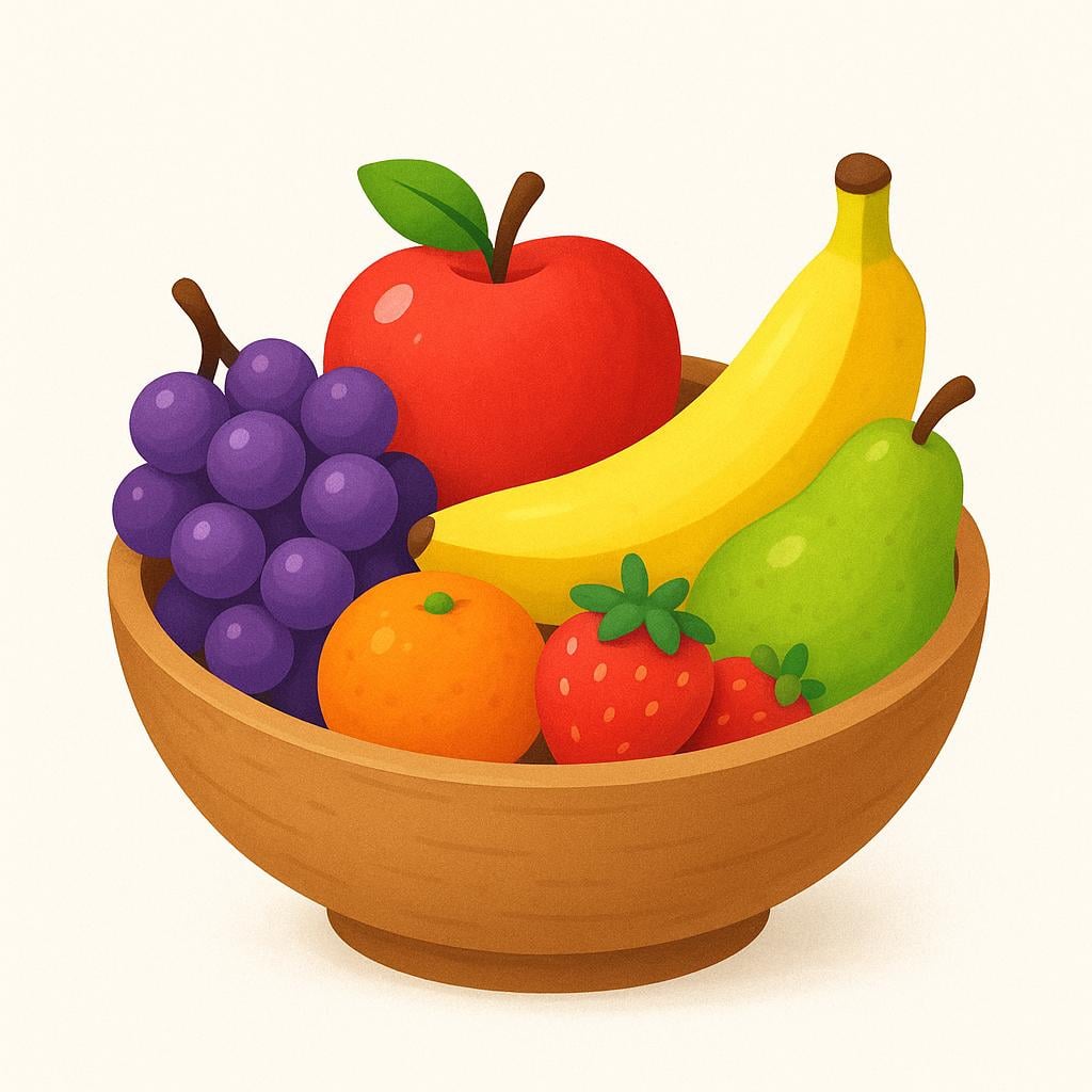A simple wooden bowl overflowing with brightly colored assorted fruits, including a red apple, a yellow banana, and purple grapes.