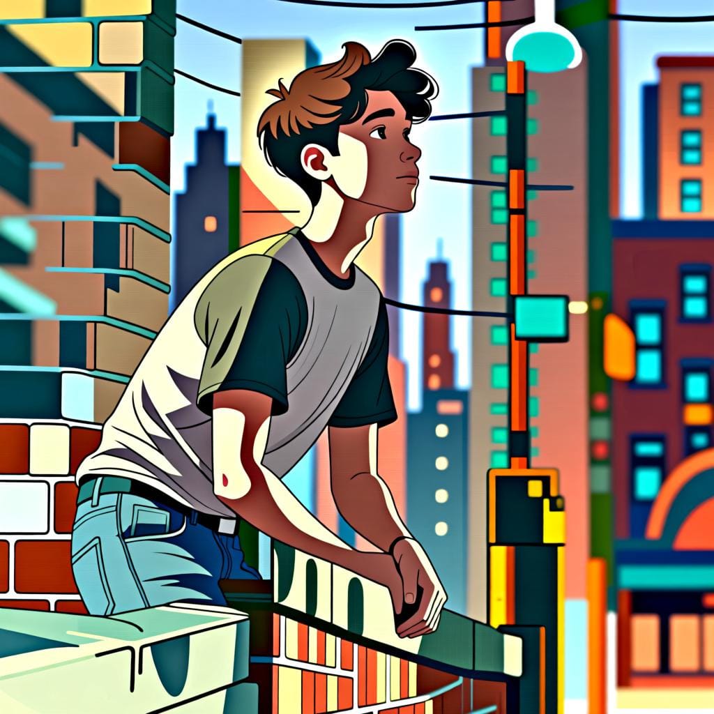 Un homme décontracté avec un sac à dos appuyé contre un mur de briques, vu de loin.