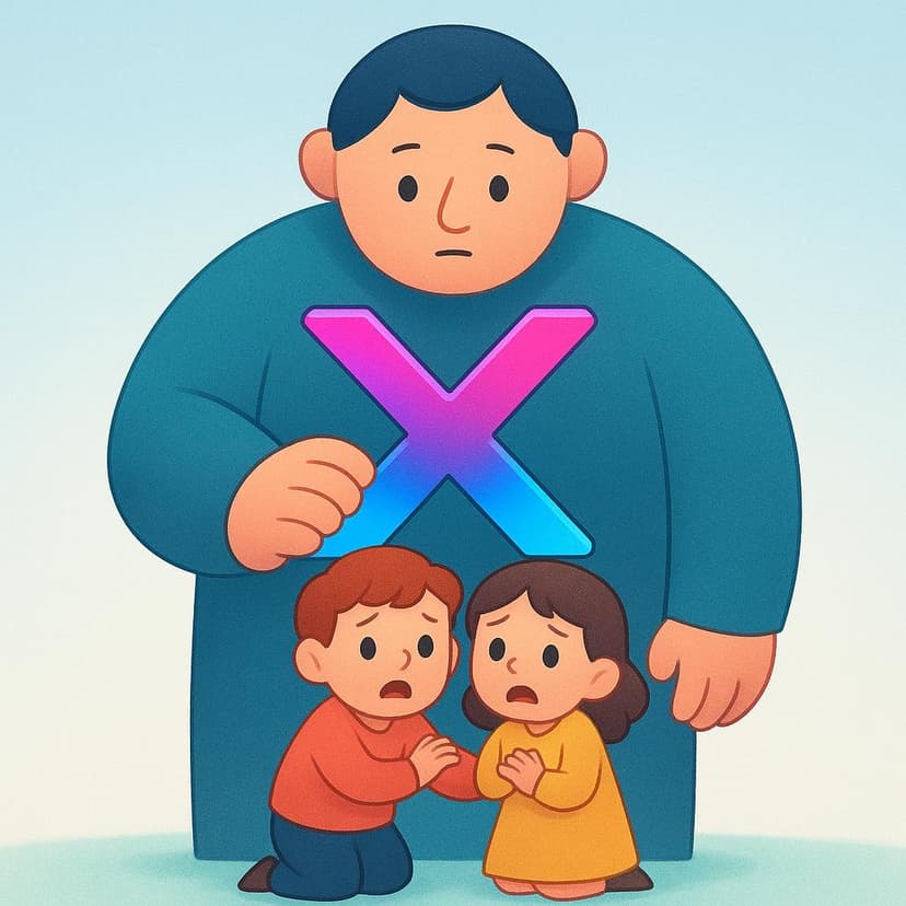 Eine große, schattenhafte Figur, die ein riesiges 'X'-Symbol über zwei kleineren, besorgten Figuren hält, was eine auf sie gerichtete Handlung symbolisiert.