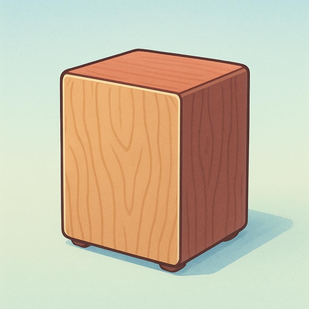 A simple, cubic wooden percussion instrument known as a cajon, standing upright.