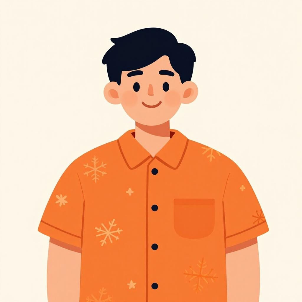 A portrait of a smiling person with dark hair and a colorful patterned shirt.