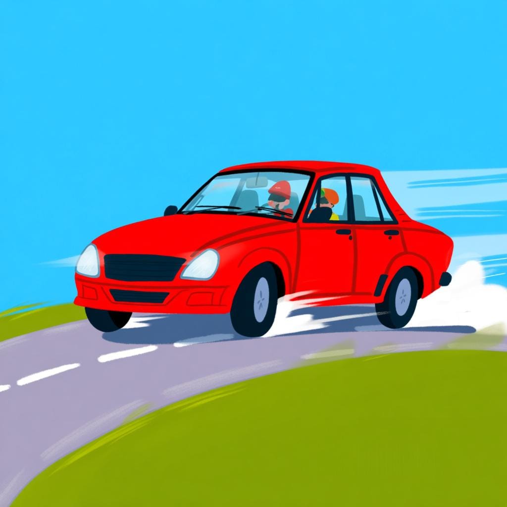 A bright red, modern four-door sedan driving on a sunny road.