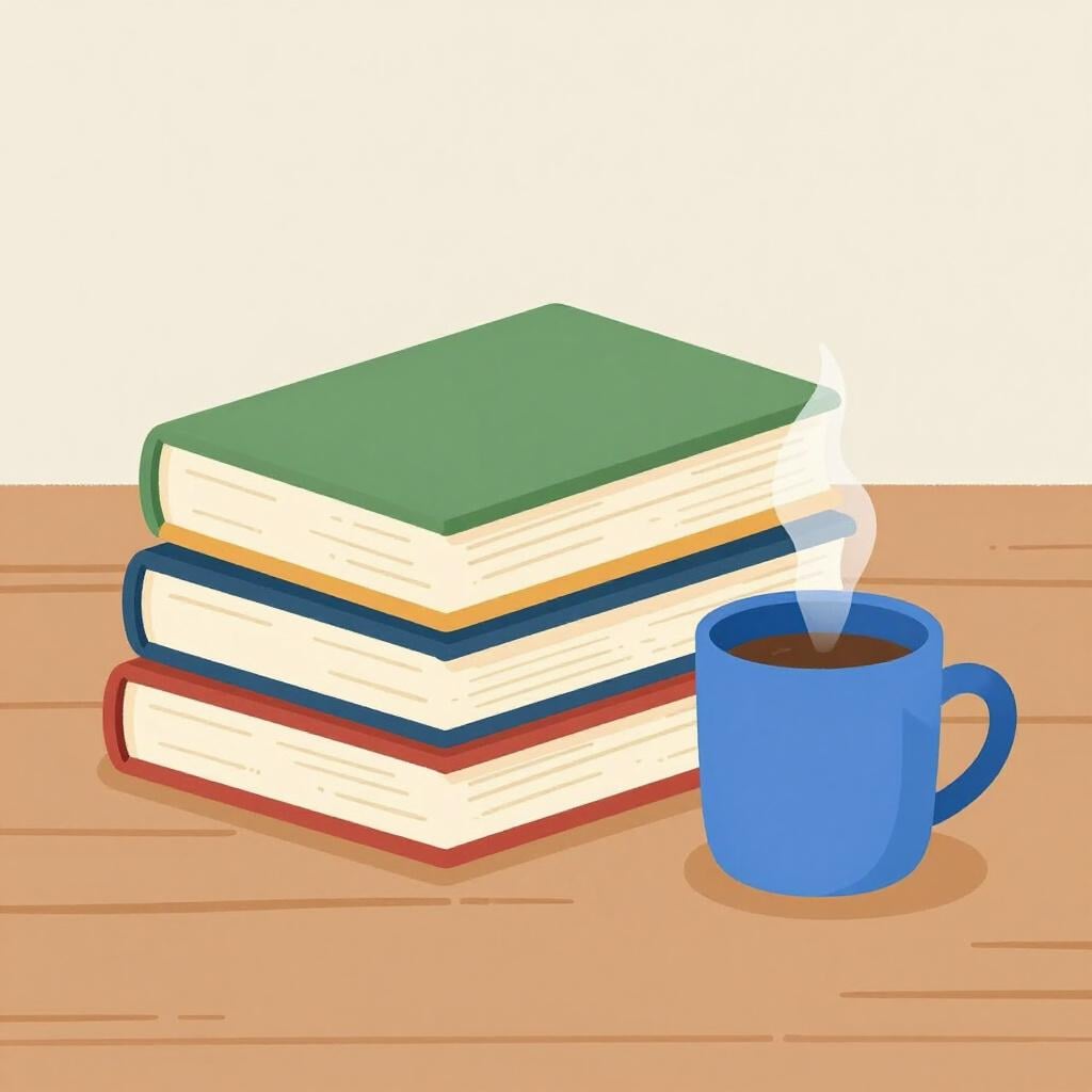 Un piccolo e accogliente angolo biblioteca con una pila di libri colorati e una tazza fumante di tè, che rappresenta lo studio di una lingua.