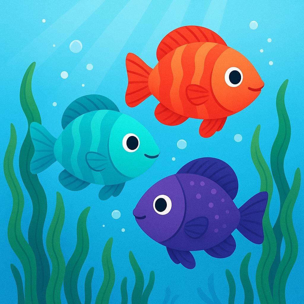 A storybook illustration showing three brightly colored tropical fish swimming together underwater near vibrant green seaweed.