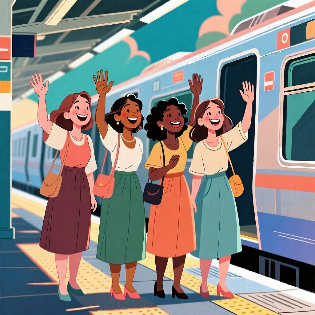 A group of women waving goodbye, with the focus on the group as a single unit, representing 'all' standing in for 'all the women'.