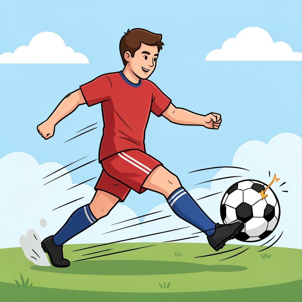 A soccer player kicking a ball with great force toward a goal.
