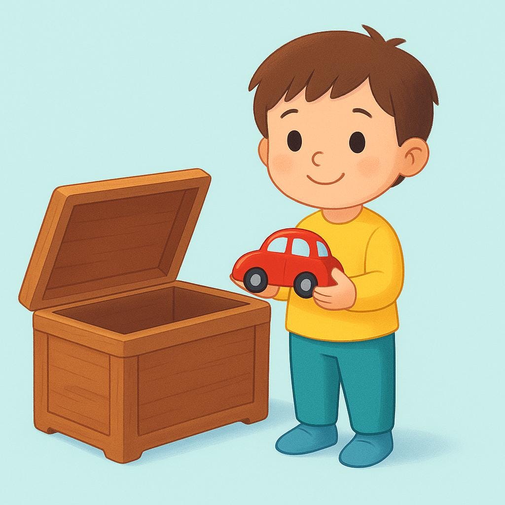 子供が空の木製のおもちゃ箱の隣に立っており、手に赤いおもちゃの車を一つ持っている。これは箱からアイテムが取り除かれたことを示している。