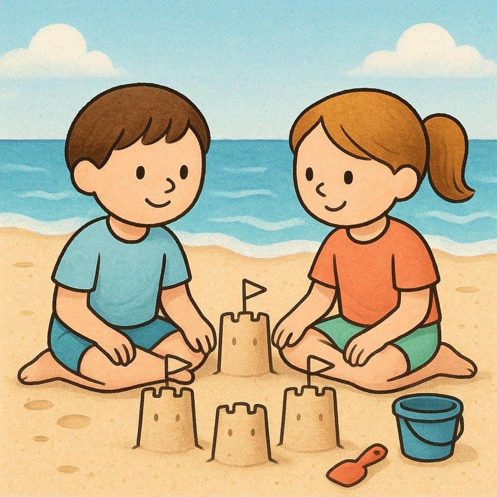 Two figures sitting on a sandy beach, surrounded by three small, simple, and identically shaped sandcastles they have just finished building, illustrating habitual past creation.