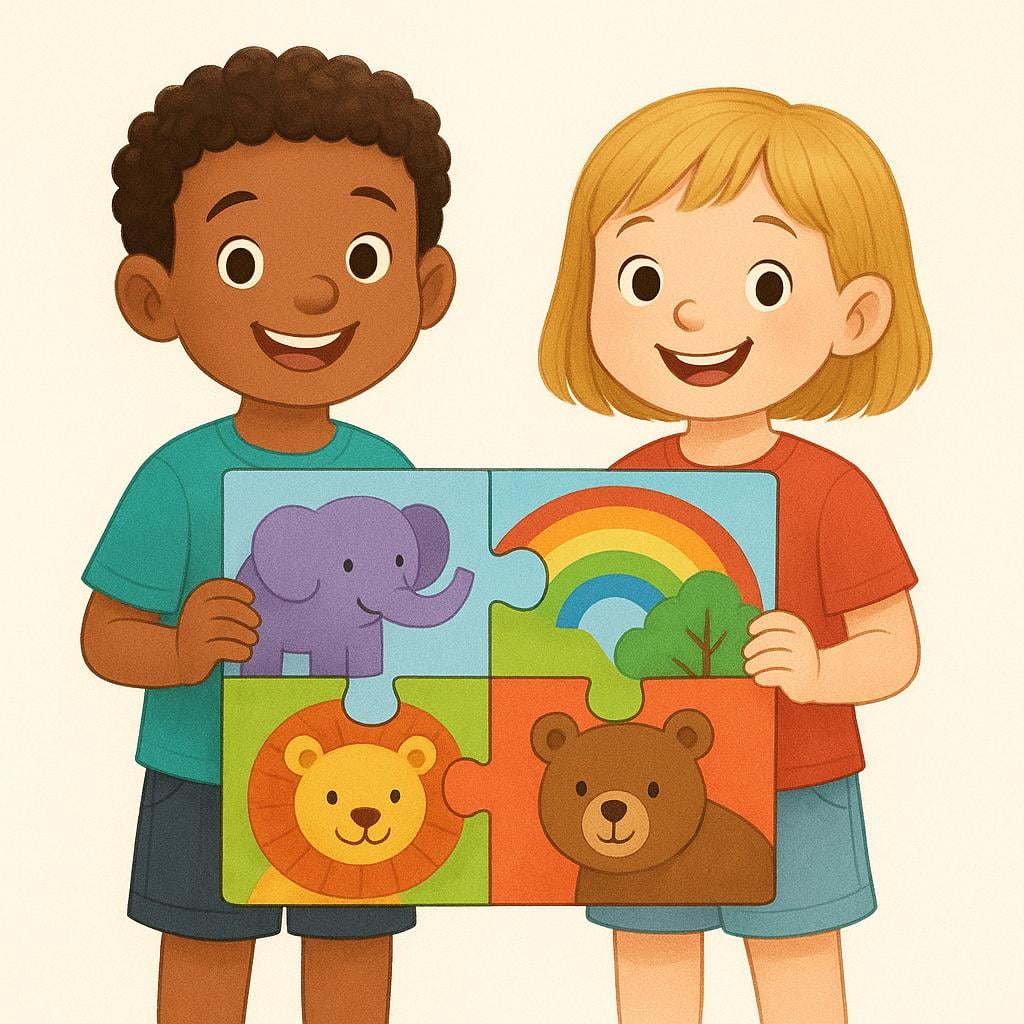 Two cheerful children are standing side-by-side, proudly holding up a large, brightly colored finished puzzle, symbolizing that 'we had' completed it.