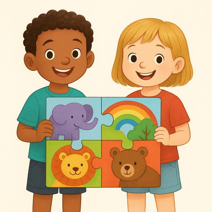 Two cheerful children are standing side-by-side, proudly holding up a large, brightly colored finished puzzle, symbolizing that 'we had' completed it.