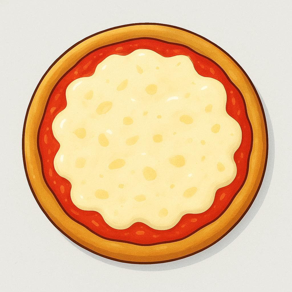 A brightly colored illustration of a whole, circular pizza topped with melted cheese and red tomato sauce, sitting on a plain surface.