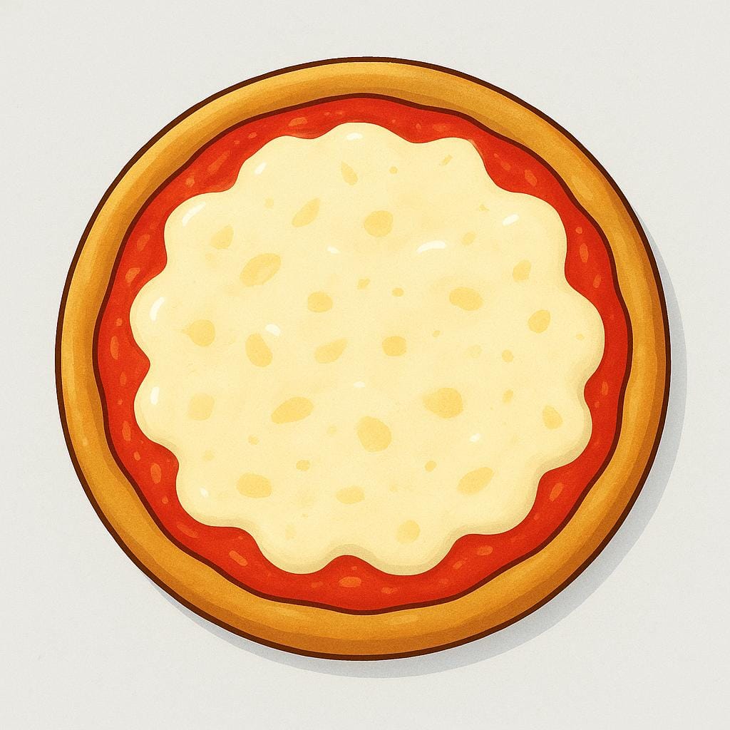 A brightly colored illustration of a whole, circular pizza topped with melted cheese and red tomato sauce, sitting on a plain surface.