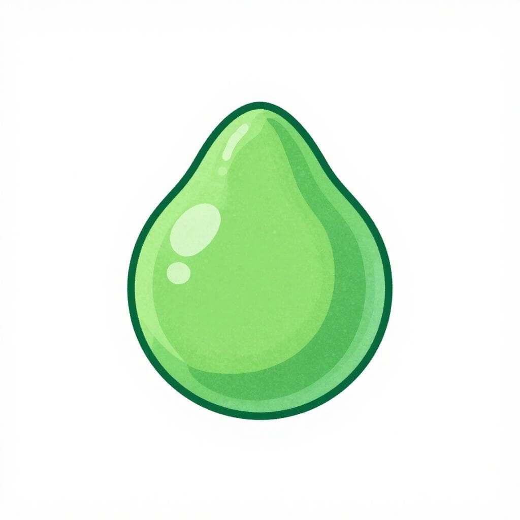 Une petite gouttelette verte posée sur une surface blanche propre.