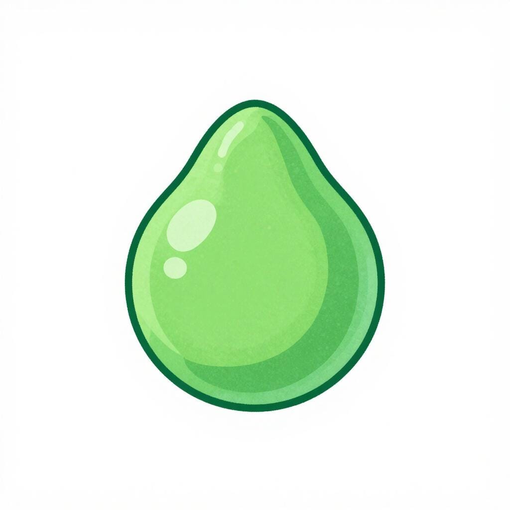 A small green droplet resting on a clean white surface.