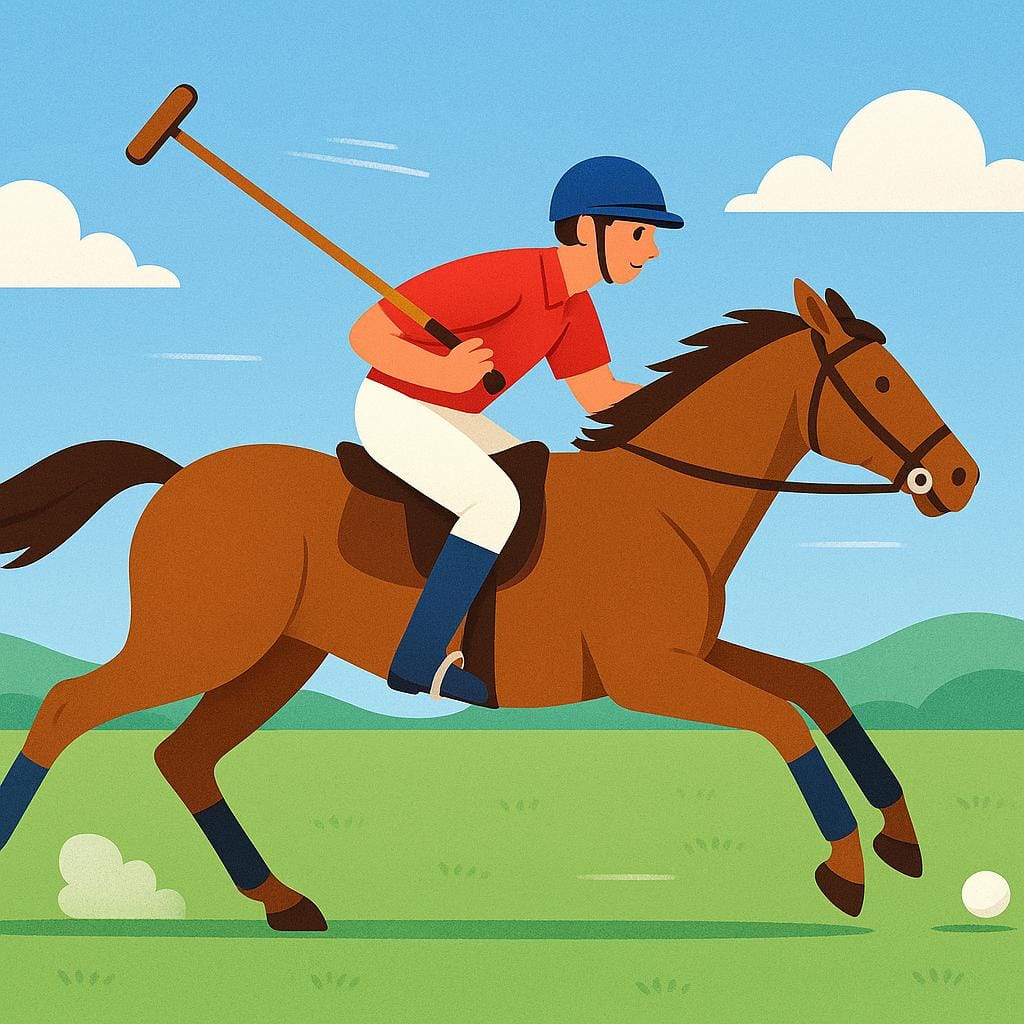 A person wearing a helmet riding a brown horse, swinging a long mallet at a white ball on a green grass field.