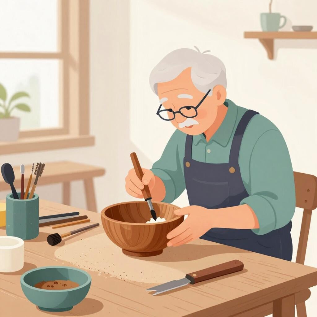 An old carpenter with grey hair skillfully carving a piece of wood with a chisel.