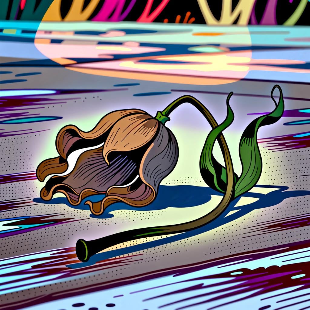 A single wilted brown flower lying on the ground, representing the state of being lifeless.