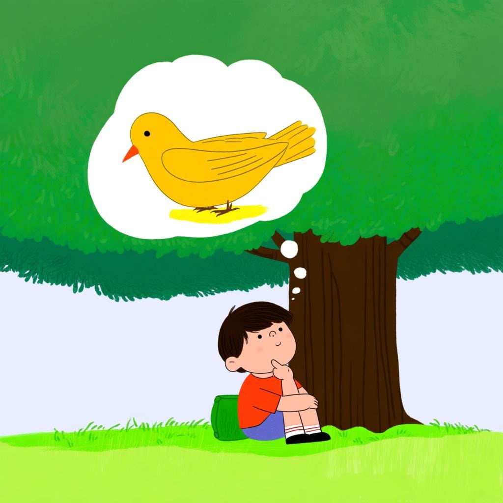 Une personne assise tranquillement sous un arbre, plongée dans ses pensées, avec une grande bulle de pensée transparente flottant au-dessus de sa tête, symbolisant une action mentale passée et continue.