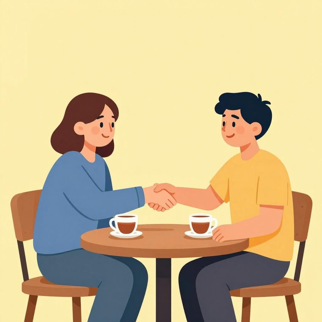 Two people smiling and shaking hands across a small table with two cups of tea.