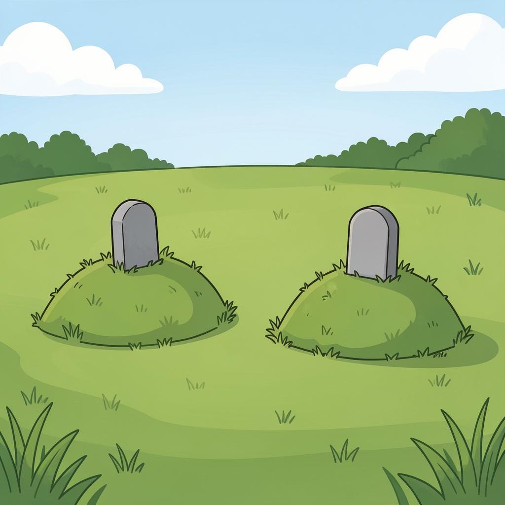 Twee met gras begroeide heuvels in een vredig groen veld met stenen markeringen.