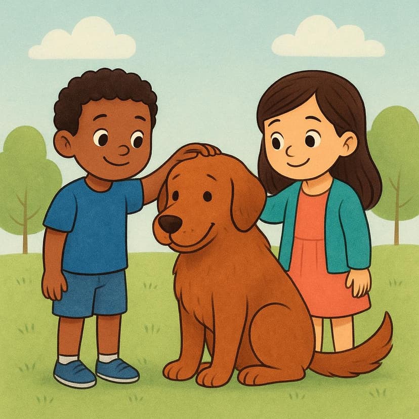 Zwei lächelnde Kinder stehen glücklich neben einem vertrauten braunen Hund und tätscheln sanft seinen Kopf, was veranschaulicht, dass sie mit dem Tier vertraut sind.