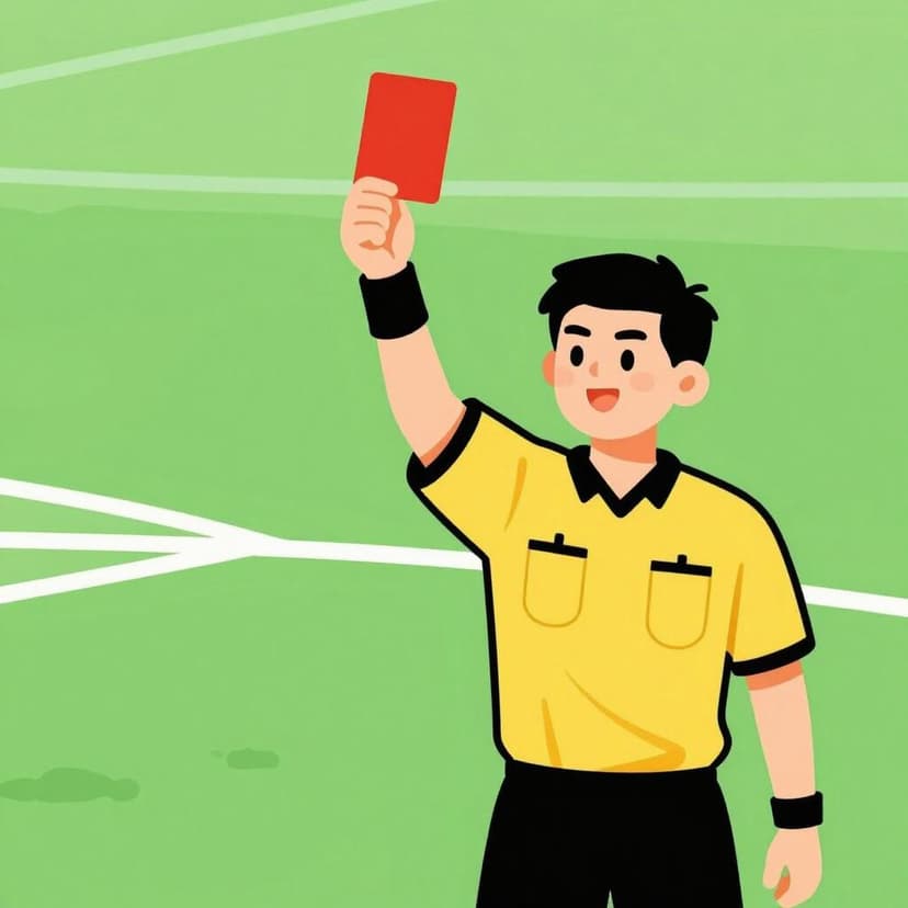 A soccer referee in a yellow shirt holding up a red card on a green field.