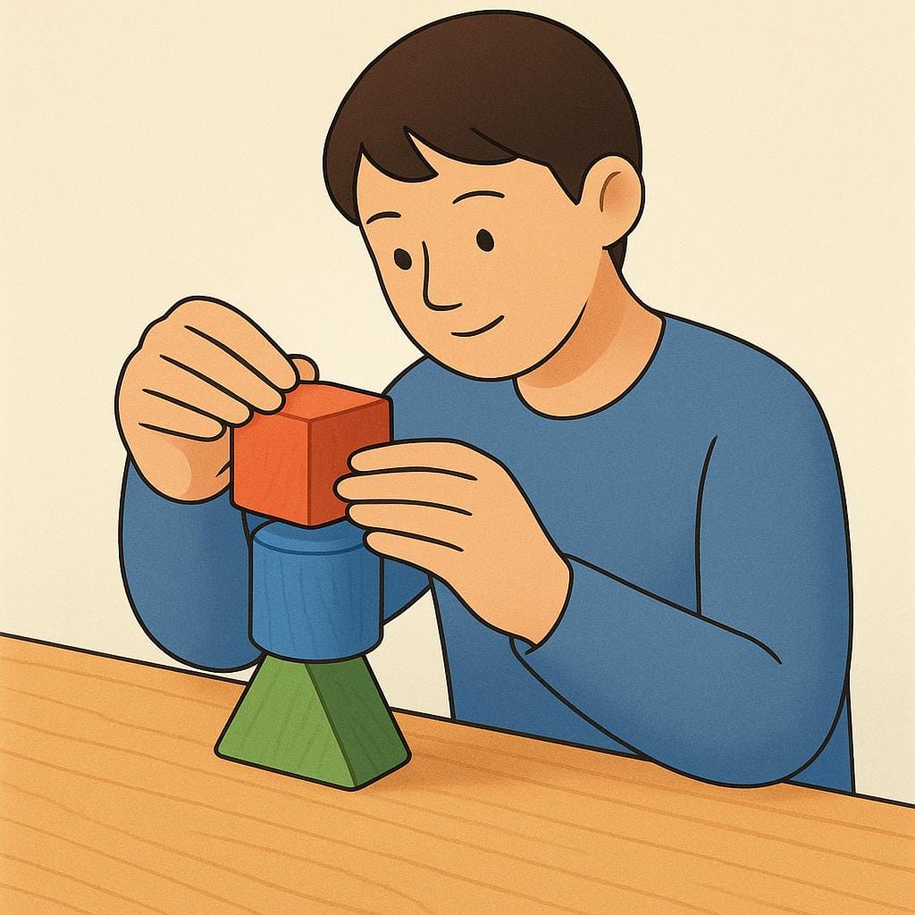 A thoughtful person sits at a wooden table, carefully stacking three colorful, distinct wooden blocks to form a stable tower, symbolizing the development of an idea or system.