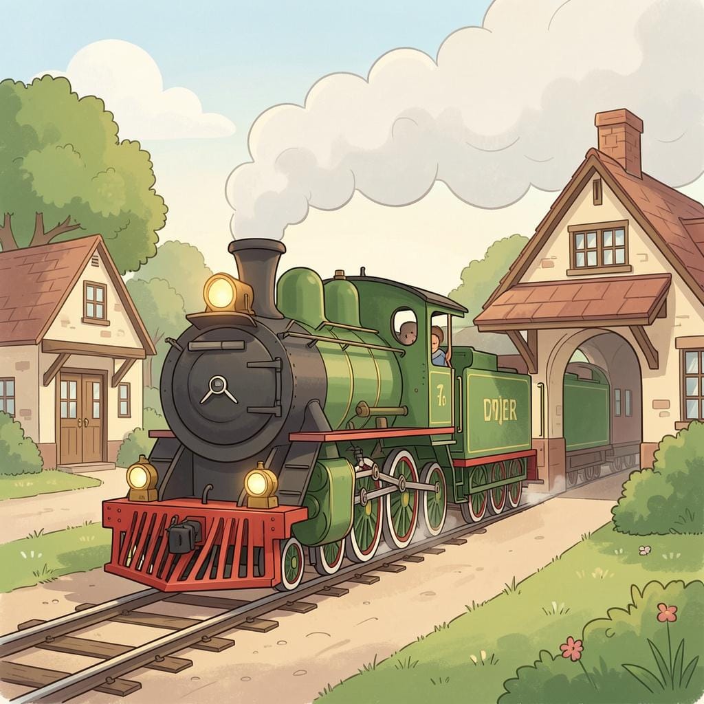 A steam train pulling into a small station with steam billowing from its engine.