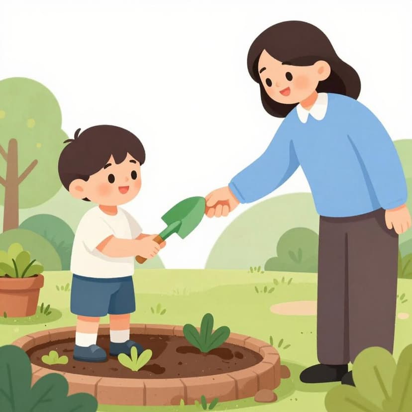 A teacher handing a small gardening tool to a student to give them a specific task.