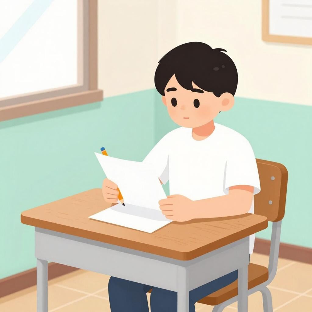 重要なテストを受けている、机に向かう集中した学生、紙一枚と鉛筆。