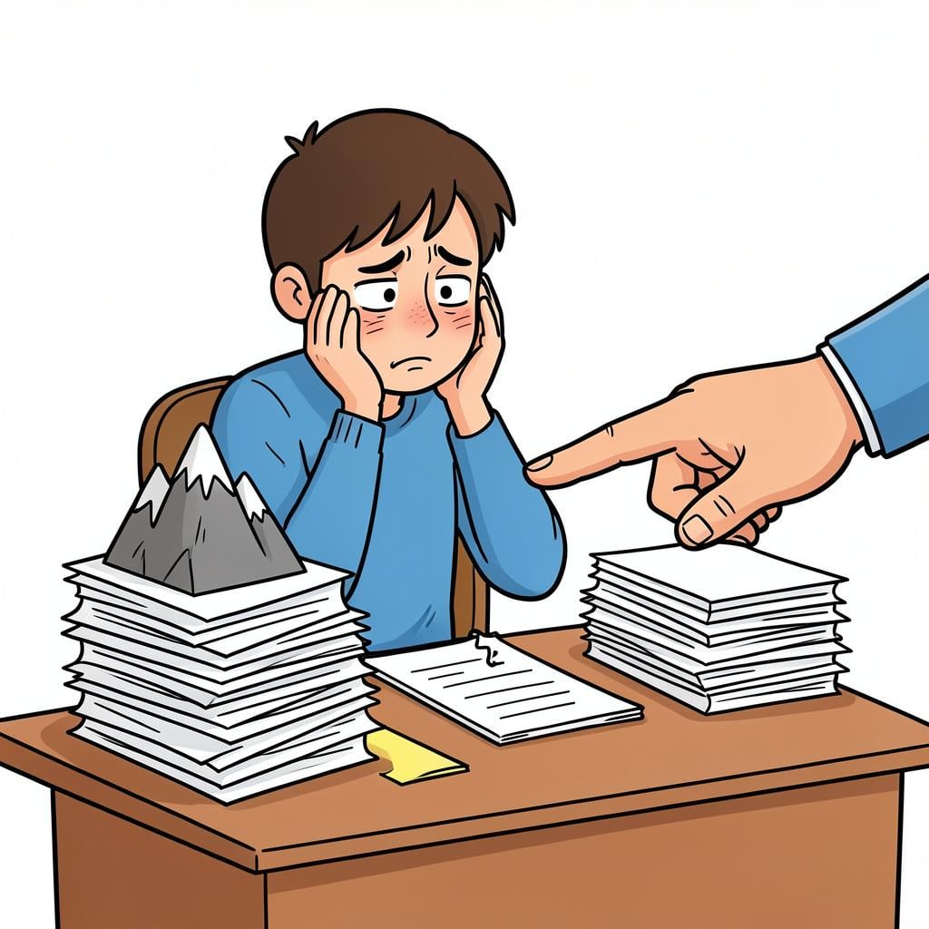 A person looking at a huge stack of papers on a desk while a hand points at a clock-less wall.