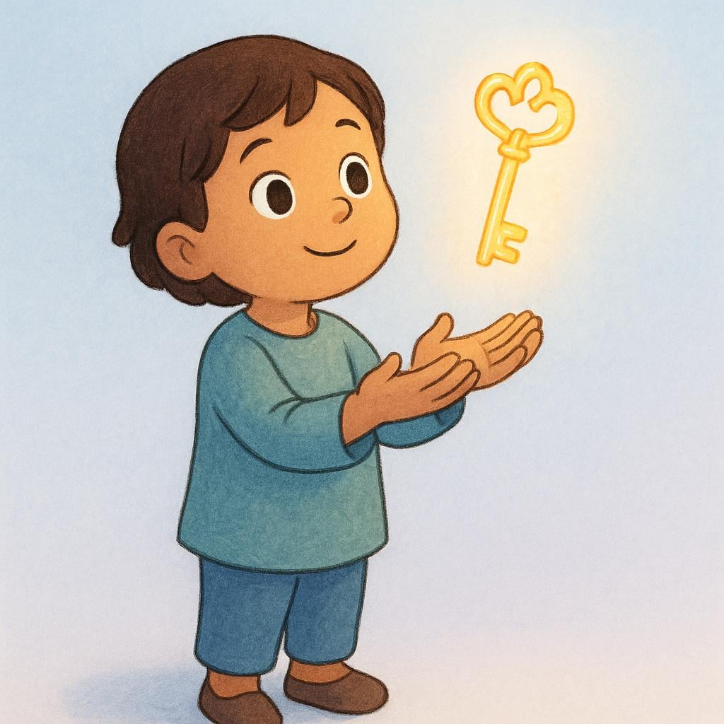 A small child stands with cupped hands reaching towards a glowing, translucent golden key floating slightly above them, symbolizing the hope of receiving something.