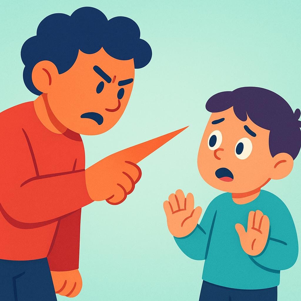 A cartoon figure is pointing an accusatory and exaggeratedly sharp finger directly at another, smaller cartoon figure who is recoiling slightly, representing harsh verbal criticism.