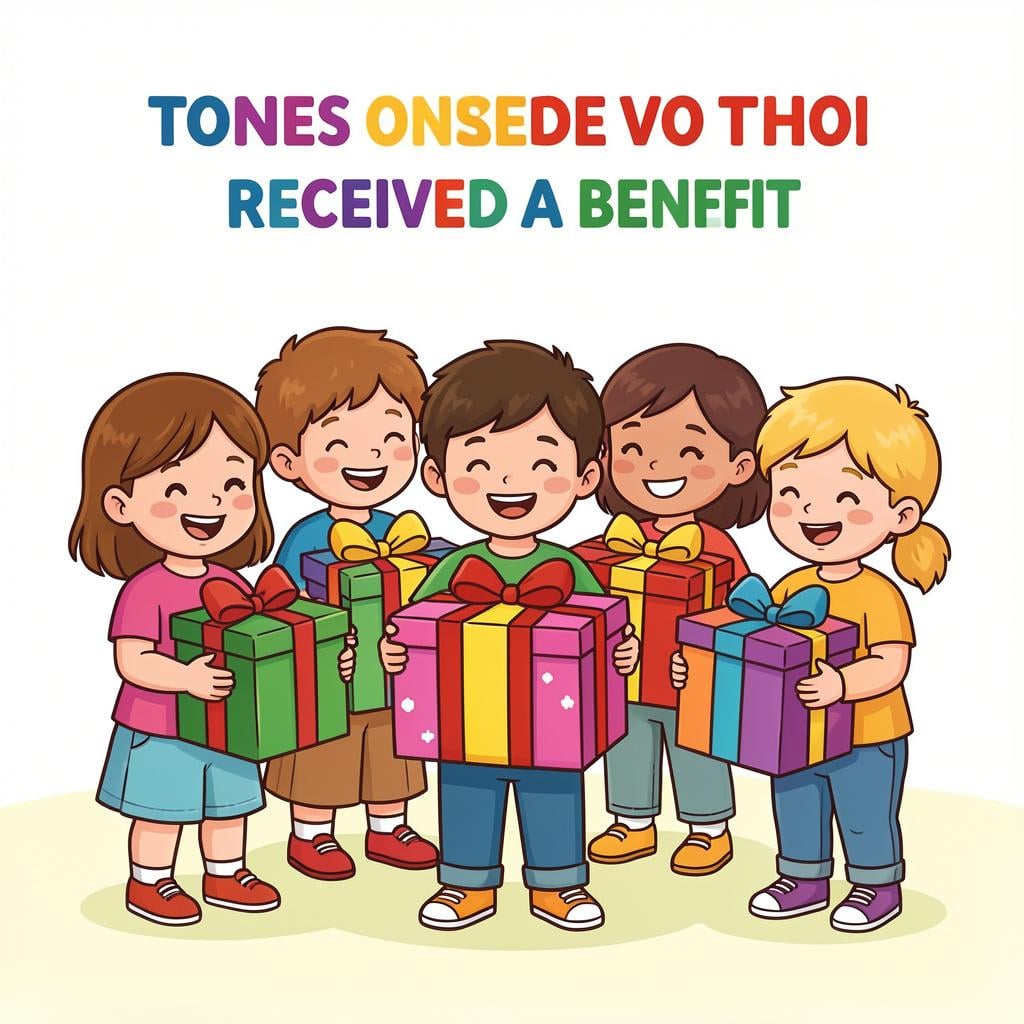 A group of children each holding a large, brightly wrapped gift with big bows.