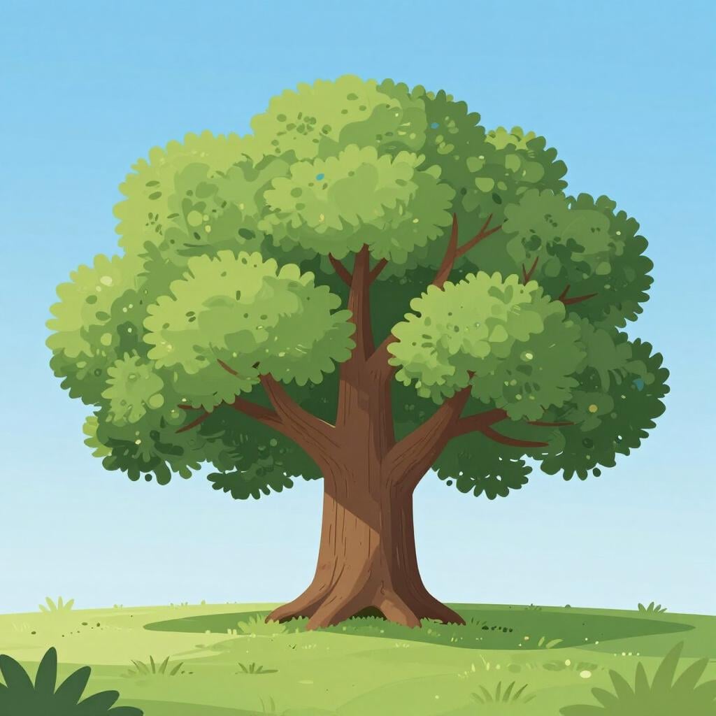 Una quercia massiccia e antica con radici spesse e nodose e un tronco largo in un prato verde.