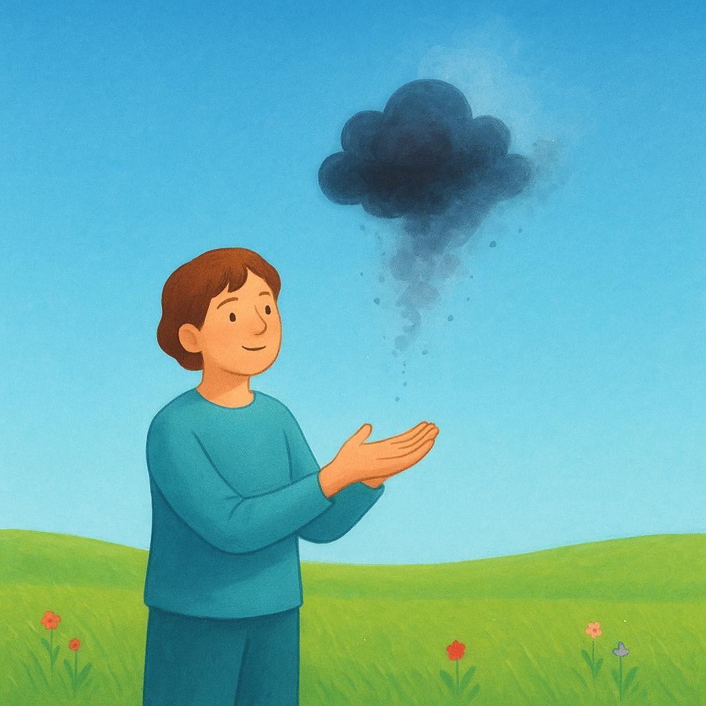 A person standing in a bright, sunny landscape gently releasing a small, heavy, dark cloud from their hands, symbolizing the act of letting go of resentment.