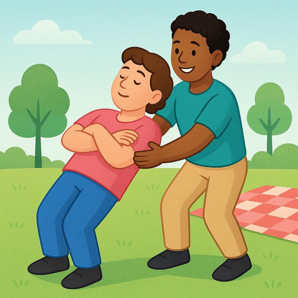 A colorful storybook illustration showing one figure falling backward with their eyes closed, demonstrating complete reliance on a second figure who is standing behind them and catching them firmly.