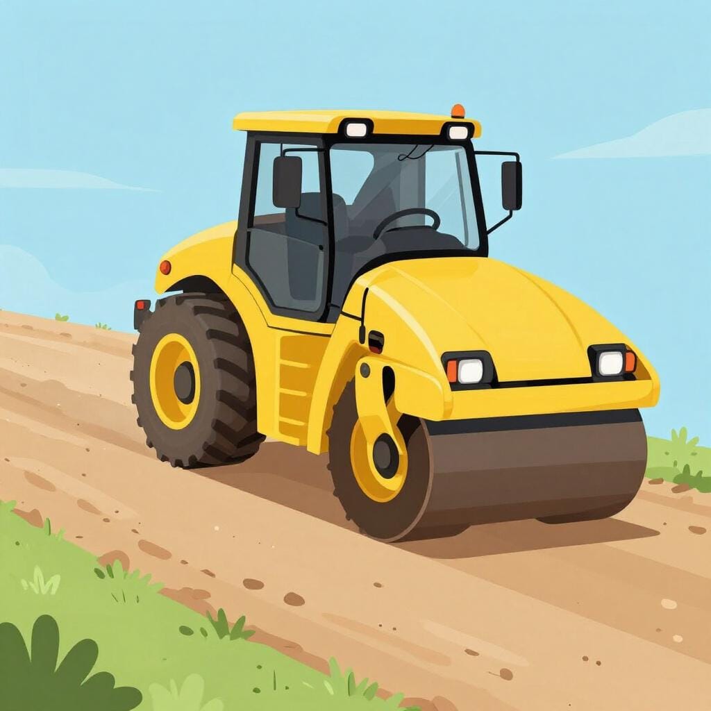 Een stoomwals die een onverhard pad platdrukt om het perfect glad te maken.