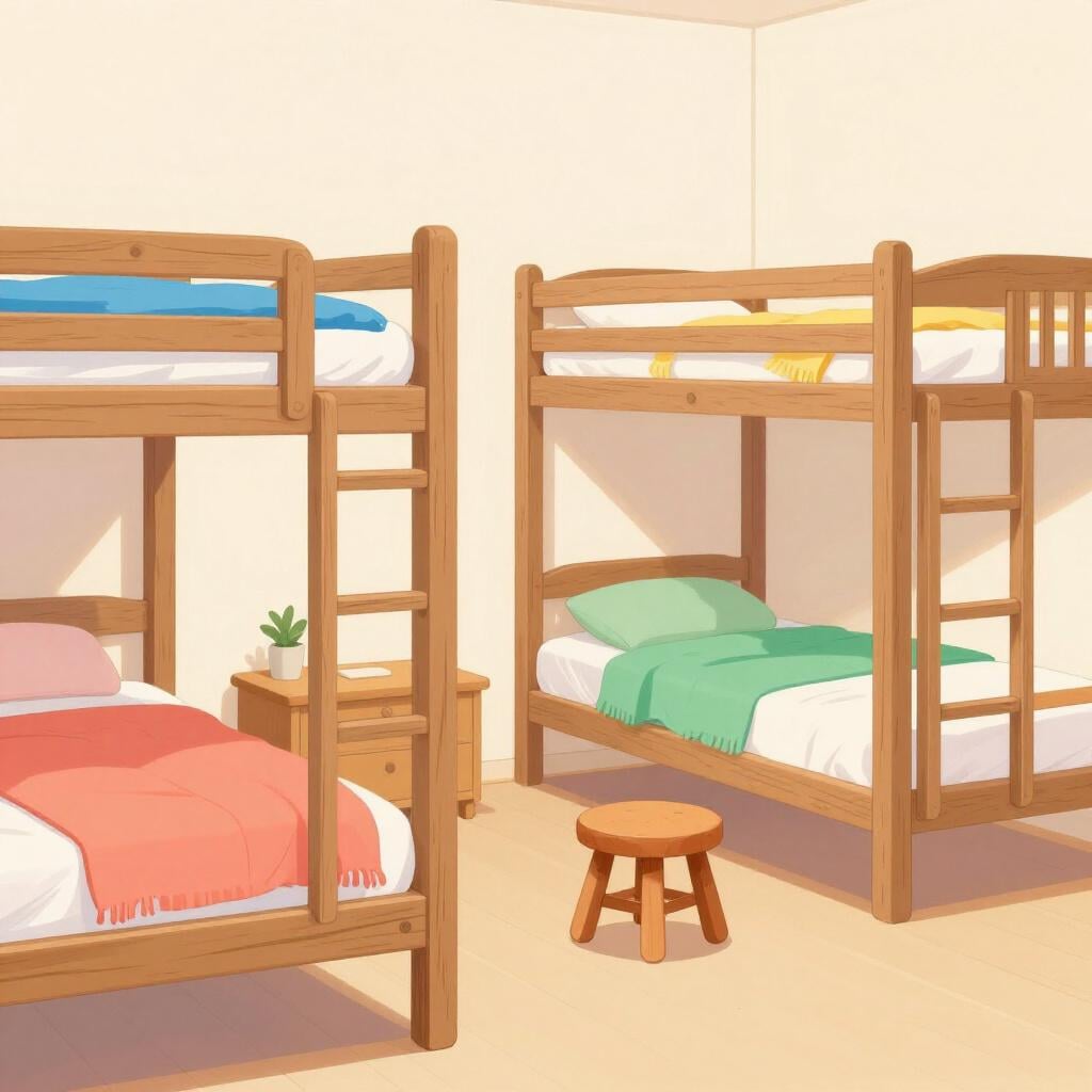 Een rij eenvoudige houten stapelbedden in een lichte, schone kamer.