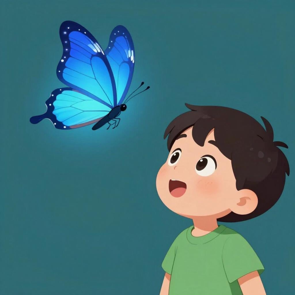 A child with wide eyes and an open mouth looking at a glowing, magical butterfly.