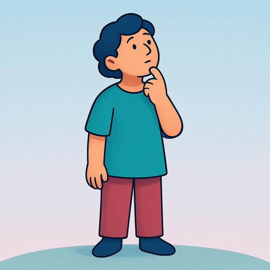 A solitary, simple figure with a thoughtful expression, looking upwards and holding one hand near their chin, indicating deep consideration or pausing.