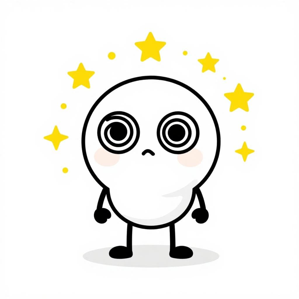 A friendly character with swirly spiral eyes and small yellow stars circling their head, looking wobbly and off-balance.