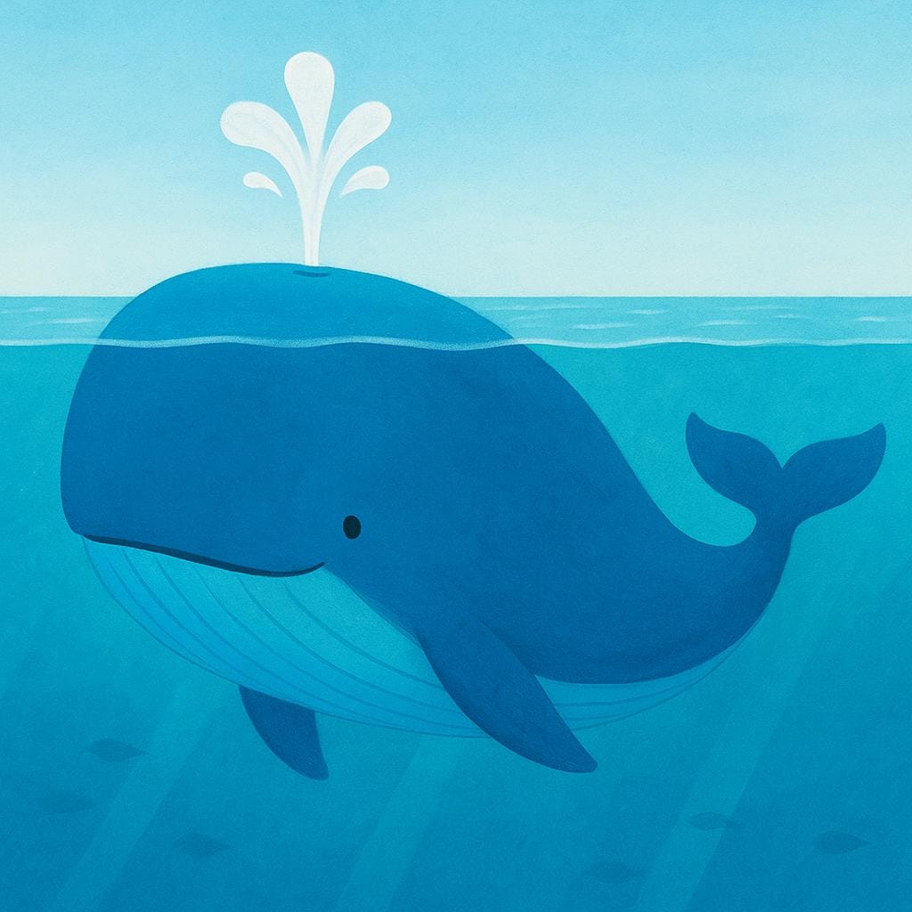 Una grande balena azzurra che nuota sott'acqua, con un singolo getto d'acqua che zampilla dal suo sfiatatoio sopra la superficie.