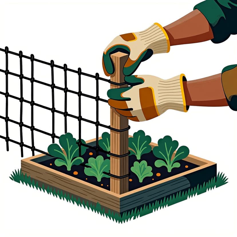 A close-up view of hands securing the final wooden post to complete a perimeter fence around a small vegetable patch.