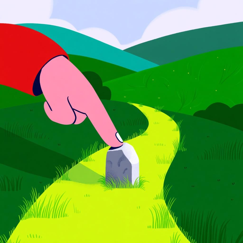 A winding, green grassy path representing a timeline or process, with a large, stylized finger pointing down emphatically at a specific, brightly lit stone marker placed exactly in the center of the path.