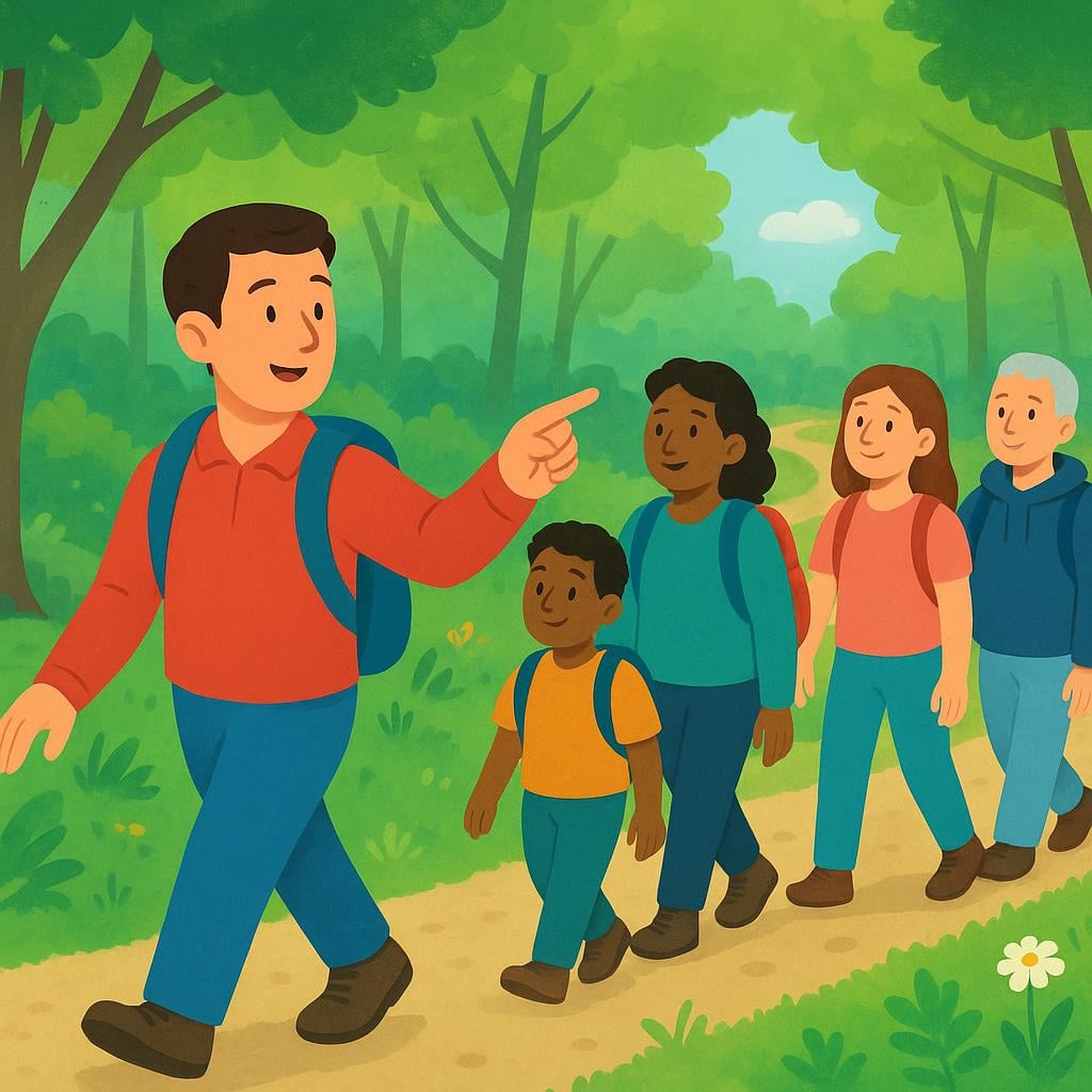 A person standing at the front of a small group of hikers, pointing toward a mountain path.